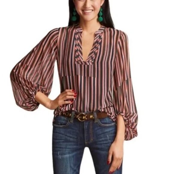 CAbi The Ultimate Blouse Sheer Balloon Sleeve Vertical Stripe #5519 Small - Picture 1 of 7